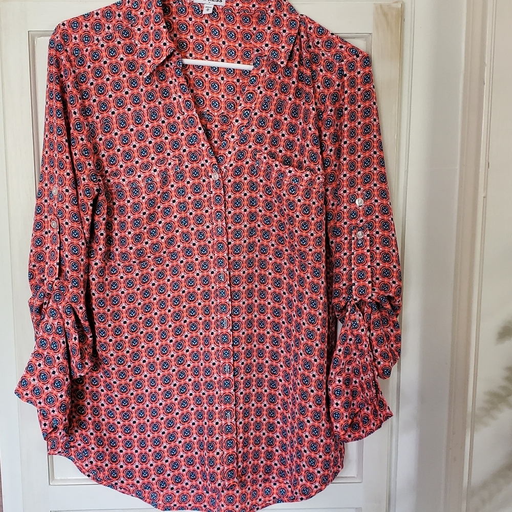 Womens Express Collar roll tab sleeve button down shirt pockets Semi Sheer